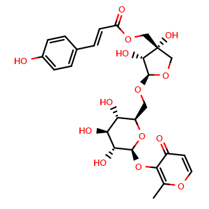 Chemical structure of ((3S,4R,5R)-3,4-Dihydroxy-5-(((2R,3S,4S,5R,6S)-3,4,5-trihydroxy-6-((2-methyl-4-oxo-4H-pyran-3-yl)oxy)tetrahydro-2H-pyran-2-yl)methoxy)tetrahydrofuran-3-yl)methyl (E)-3-(4-hydroxyphenyl)acrylate , CAS 1018452-31-7, AChemBlock AD275540