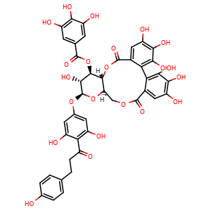 Chemical structure of (11aR,13S,14R,15R,15aR)-13-(3,5-Dihydroxy-4-(3-(4-hydroxyphenyl)propanoyl)phenoxy)-2,3,4,5,6,7,14-heptahydroxy-9,17-dioxo-9,11,11a,13,14,15,15a,17-octahydrodibenzo[g,i]pyrano[3,2-b][1,5]dioxacycloundecin-15-yl 3,4,5-trihydroxybenzoate , CAS 1055032-77-3, AChemBlock AD275543