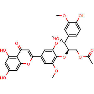 Chemical structure of rel-2-[4-[(1R,2R)-1-[(Acetyloxy)methyl]-2-hydroxy-2-(4-hydroxy-3-methoxyphenyl)ethoxy]-3,5-dimethoxyphenyl]-5,7-dihydroxy-4H-1-benzopyran-4-one , CAS 910864-92-5, AChemBlock AD275545
