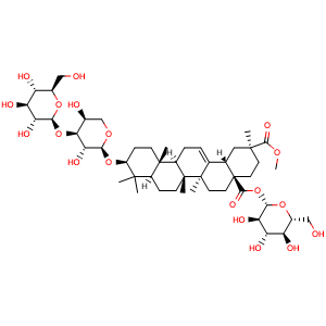 Chemical structure of 2-Methyl 4a-((2S,3R,4S,5S,6R)-3,4,5-trihydroxy-6-(hydroxymethyl)tetrahydro-2H-pyran-2-yl) (2S,4aR,6aS,6bR,8aR,10S,12aR,12bR,14bS)-10-(((2S,3R,4S,5S)-3,5-dihydroxy-4-(((2S,3R,4S,5S,6R)-3,4,5-trihydroxy-6-(hydroxymethyl)tetrahydro-2H-pyran-2-yl)oxy)tet.. , CAS 403652-08-4, AChemBlock AD275546
