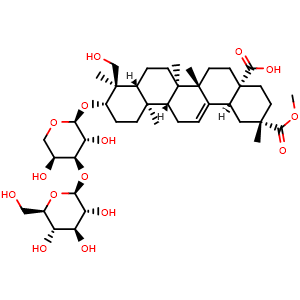 Chemical structure of (2S,4aR,6aS,6bR,8aR,9R,10S,12aR,12bR,14bS)-10-(((2S,3R,4S,5S)-3,5-dihydroxy-4-(((2S,3R,4S,5S,6R)-3,4,5-trihydroxy-6-(hydroxymethyl)tetrahydro-2H-pyran-2-yl)oxy)tetrahydro-2H-pyran-2-yl)oxy)-9-(hydroxymethyl)-2-(methoxycarbonyl)-2,6a,6b,9,12a-pentamet.. , CAS 345895-82-1, AChemBlock AD275547