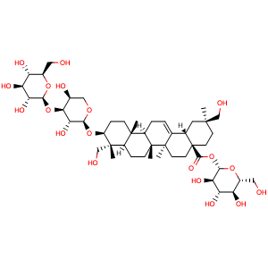 Chemical structure of beta-D-Glucopyranosyl (3beta,4alpha,20beta)-3-[(3-O-beta-D-glucopyranosyl-alpha-L-arabinopyranosyl)oxy]-23,29-dihydroxyolean-12-en-28-oate , CAS 898565-67-8, AChemBlock AD275553