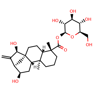 Chemical structure of beta-D-Glucopyranosyl (4alpha,12beta,15beta)-12,15-dihydroxykaur-16-en-18-oate , CAS 2172630-88-3, AChemBlock AD275558
