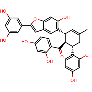 Chemical structure of rel-(-)-(2,4-Dihydroxyphenyl)[(1R,2R,6S)-6-(2,4-dihydroxyphenyl)-2-[2-(3,5-dihydroxyphenyl)-6-hydroxy-5-benzofuranyl]-4-methyl-3-cyclohexen-1-yl]methanone , CAS 84323-16-0, AChemBlock AD275559