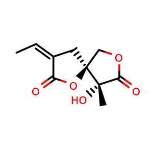 Chemical structure of (3Z,5S,9R)-3-Ethylidene-9-hydroxy-9-methyl-1,7-dioxaspiro[4.4]nonane-2,8-dione , CAS 1174182-45-6, AChemBlock AD275561