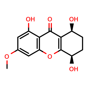 Chemical structure of (1S,4R)-1,2,3,4-Tetrahydro-1,4,8-trihydroxy-6-methoxy-9H-xanthen-9-one , CAS 189289-77-8, AChemBlock AD275585
