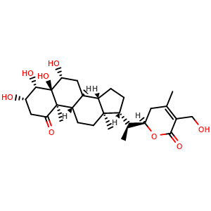 Chemical structure of (R)-3-(Hydroxymethyl)-4-methyl-6-((S)-1-((3S,4S,5R,6R,8S,9S,10R,13S,14S,17R)-3,4,5,6-tetrahydroxy-10,13-dimethyl-1-oxohexadecahydro-1H-cyclopenta[a]phenanthren-17-yl)ethyl)-5,6-dihydro-2H-pyran-2-one , CAS 1392819-95-2, AChemBlock AD275587