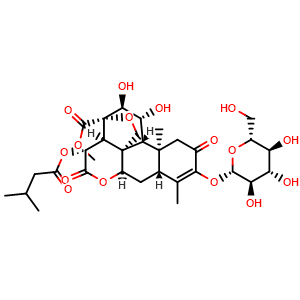 Chemical structure of Methyl (1R,2S,3S,3aS,3a1R,4R,6aR,7aR,11aS,11bR)-1,2-dihydroxy-8,11a-dimethyl-4-((3-methylbutanoyl)oxy)-5,10-dioxo-9-(((2S,3R,4S,5S,6R)-3,4,5-trihydroxy-6-(hydroxymethyl)tetrahydro-2H-pyran-2-yl)oxy)-1,4,5,6a,7,7a,10,11,11a,11b-decahydro-2H-3,3a1-(epo.. , CAS 106387-01-3, AChemBlock AD275592