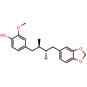 Chemical structure of rel-4-[(2R,3S)-4-(1,3-Benzodioxol-5-yl)-2,3-dimethylbutyl]-2-methoxyphenol , CAS 114127-24-1, AChemBlock AD275605