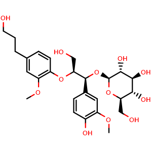 Chemical structure of (1S,2S)-3-Hydroxy-1-(4-hydroxy-3-methoxyphenyl)-2-[4-(3-hydroxypropyl)-2-methoxyphenoxy]propyl beta-D-glucopyranoside , CAS 182056-97-9, AChemBlock AD275612