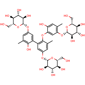 Chemical structure of (2R,2'R,3S,3'S,4S,4'S,5R,5'R,6S,6'S)-6,6'-((6-Hydroxy-6'-(2-hydroxy-4-methyl-5-(((2S,3R,4S,5S,6R)-3,4,5-trihydroxy-6-(hydroxymethyl)tetrahydro-2H-pyran-2-yl)oxy)phenoxy)-5,5'-dimethyl-[1,1'-biphenyl]-3,3'-diyl)bis(oxy))bis(2-(hydroxymethyl)tetrahydro.. , CAS 1053610-99-3, AChemBlock AD275614