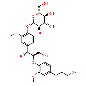 Chemical structure of 4-[(1R,2R)-1,3-Dihydroxy-2-[4-(3-hydroxypropyl)-2-methoxyphenoxy]propyl]-2-methoxyphenyl beta-D-glucopyranoside , CAS 1009838-88-3, AChemBlock AD275616