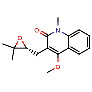 Chemical structure of 3-[[(2R)-3,3-Dimethyl-2-oxiranyl]methyl]-4-methoxy-1-methyl-2(1H)-quinolinone , CAS 1384841-46-6, AChemBlock AD275629