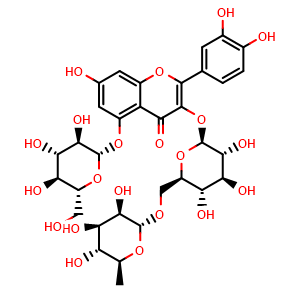 Chemical structure of 3-[[6-O-(6-Deoxy-alpha-L-mannopyranosyl)-beta-D-glucopyranosyl]oxy]-2-(3,4-dihydroxyphenyl)-5-(beta-D-glucopyranosyloxy)-7-hydroxy-4H-1-benzopyran-4-one , CAS 1478622-04-6, AChemBlock AD275637