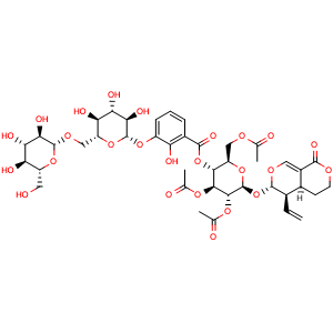 Chemical structure of (4aS,5R,6S)-5-Ethenyl-4,4a,5,6-tetrahydro-6-[[2,3,6-tri-O-acetyl-4-O-[3-[(6-O-beta-D-glucopyranosyl-beta-D-glucopyranosyl)oxy]-2-hydroxybenzoyl]-beta-D-glucopyranosyl]oxy]-1H,3H-pyrano[3,4-c]pyran-1-one , CAS 188350-29-0, AChemBlock AD275641