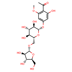Chemical structure of 1-[4-[(6-O-alpha-L-Arabinofuranosyl-beta-D-glucopyranosyl)oxy]-2-hydroxy-6-methoxyphenyl]ethanone , CAS 1452160-87-0, AChemBlock AD275652