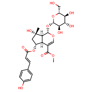 Chemical structure of Methyl (1S,4aS,5R,7S,7aS)-1-(beta-D-glucopyranosyloxy)-1,4a,5,6,7,7a-hexahydro-7-hydroxy-5-[[(2E)-3-(4-hydroxyphenyl)-1-oxo-2-propen-1-yl]oxy]-7-methylcyclopenta[c]pyran-4-carboxylate , CAS 1246012-26-9, AChemBlock AD275662