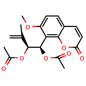 Chemical structure of rel-(+)-8-[(1R,2S)-1,2-Bis(acetyloxy)-3-methyl-3-buten-1-yl]-7-methoxy-2H-1-benzopyran-2-one , CAS 51650-59-0, AChemBlock AD275663