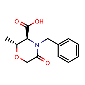 Chemical structure of (2R,3S)-4-Benzyl-2-methyl-5-oxomorpholine-3-carboxylic acid , CAS 681851-25-2, AChemBlock AD275707