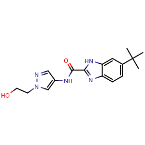 Chemical structure of N-[1-(2-Hydroxyethyl)pyrazol-4-yl]-6-(2-methylprop-2-yl)-1H-benzo[d]imidazole-2-carboxamide , AChemBlock AD275745