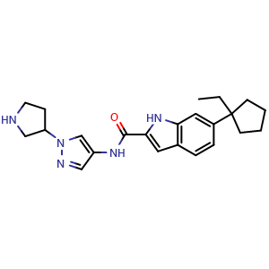 Chemical structure of 6-(Ethylcyclopentyl)-N-[1-(tetrahydro-1H-pyrrol-3-yl)pyrazol-4-yl]-1H-indole-2-carboxamide , AChemBlock AD275748