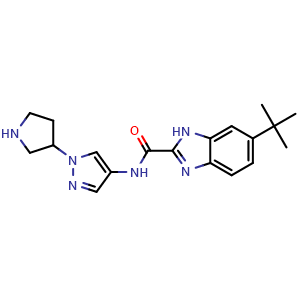 Chemical structure of 6-(2-Methylprop-2-yl)-N-[1-(tetrahydro-1H-pyrrol-3-yl)pyrazol-4-yl]-1H-benzo[d]imidazole-2-carboxamide , AChemBlock AD275749