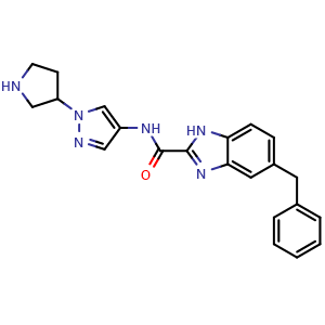 Chemical structure of 5-Benzyl-N-[1-(tetrahydro-1H-pyrrol-3-yl)pyrazol-4-yl]-1H-benzo[d]imidazole-2-carboxamide , AChemBlock AD275750