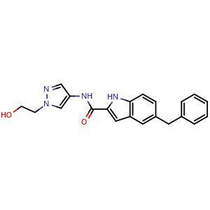 Chemical structure of 5-Benzyl-N-[1-(2-hydroxyethyl)pyrazol-4-yl]-1H-indole-2-carboxamide , AChemBlock AD275751