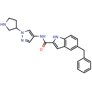 Chemical structure of 5-Benzyl-N-[1-(tetrahydro-1H-pyrrol-3-yl)pyrazol-4-yl]-1H-indole-2-carboxamide , AChemBlock AD275752