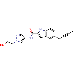 Chemical structure of 5-(But-2-ynyl)-N-[1-(2-hydroxyethyl)pyrazol-4-yl]-1H-indole-2-carboxamide , AChemBlock AD275753