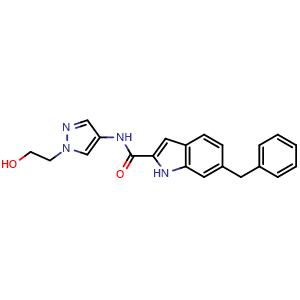 Chemical structure of 6-Benzyl-N-[1-(2-hydroxyethyl)pyrazol-4-yl]-1H-indole-2-carboxamide , AChemBlock AD275756