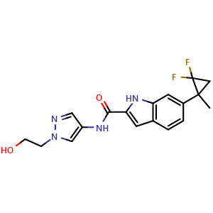 Chemical structure of 6-(2,2-Difluoro-1-methylcyclopropyl)-N-[1-(2-hydroxyethyl)pyrazol-4-yl]-1H-indole-2-carboxamide , AChemBlock AD275758