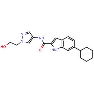 Chemical structure of 6-Cyclohexyl-N-[1-(2-hydroxyethyl)pyrazol-4-yl]-1H-indole-2-carboxamide , AChemBlock AD275759