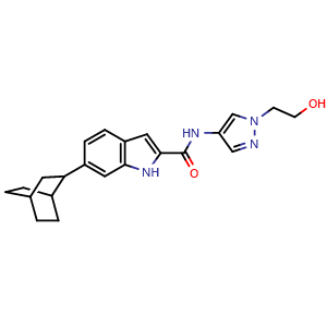 Chemical structure of 6-(Bicyclo[2.2.2]octan-7-yl)-N-[1-(2-hydroxyethyl)pyrazol-4-yl]-1H-indole-2-carboxamide , AChemBlock AD275760