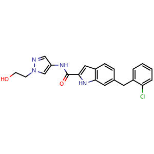 Chemical structure of 6-[(2-Chlorophenyl)methyl]-N-[1-(2-hydroxyethyl)pyrazol-4-yl]-1H-indole-2-carboxamide , AChemBlock AD275761