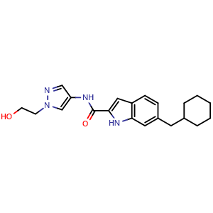Chemical structure of 6-(Cyclohexylmethyl)-N-[1-(2-hydroxyethyl)pyrazol-4-yl]-1H-indole-2-carboxamide , AChemBlock AD275763