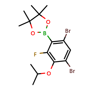 Chemical structure of 2-(4,6-Dibromo-2-fluoro-3-isopropoxyphenyl)-4,4,5,5-tetramethyl-1,3,2-dioxaborolane , AChemBlock AD275850