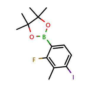 Chemical structure of 2-(2-Fluoro-4-iodo-3-methylphenyl)-4,4,5,5-tetramethyl-1,3,2-dioxaborolane , AChemBlock AD275851