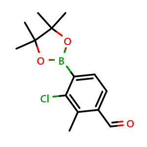 Chemical structure of 3-Chloro-2-methyl-4-(4,4,5,5-tetramethyl-1,3,2-dioxaborolan-2-yl)benzaldehyde , AChemBlock AD275852