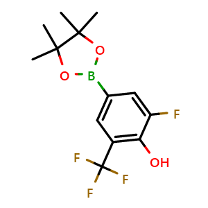 Chemical structure of 2-Fluoro-4-(4,4,5,5-tetramethyl-1,3,2-dioxaborolan-2-yl)-6-(trifluoromethyl)phenol , AChemBlock AD275890