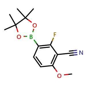Chemical structure of 2-Fluoro-6-methoxy-3-(4,4,5,5-tetramethyl-1,3,2-dioxaborolan-2-yl)benzonitrile , AChemBlock AD275928
