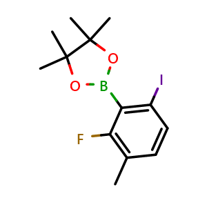 Chemical structure of 2-(2-Fluoro-6-iodo-3-methylphenyl)-4,4,5,5-tetramethyl-1,3,2-dioxaborolane , AChemBlock AD275935