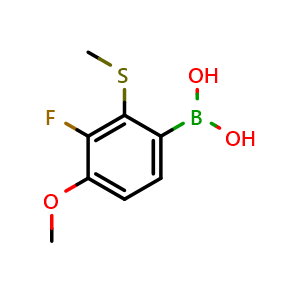 Chemical structure of 3-Fluoro-4-methoxy-2-(methylthio)phenylboronic acid , AChemBlock AD275940