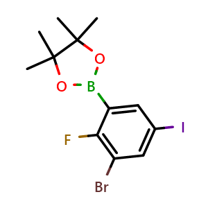 Chemical structure of 2-(3-Bromo-2-fluoro-5-iodophenyl)-4,4,5,5-tetramethyl-1,3,2-dioxaborolane , AChemBlock AD275949