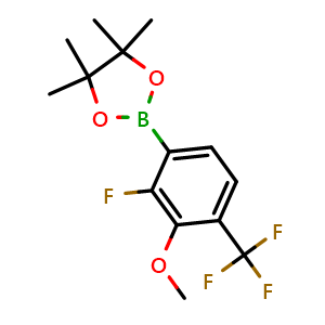 Chemical structure of 2-(2-Fluoro-3-methoxy-4-(trifluoromethyl)phenyl)-4,4,5,5-tetramethyl-1,3,2-dioxaborolane , AChemBlock AD275978