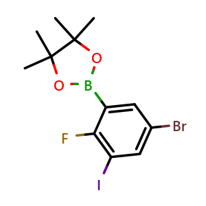 Chemical structure of 2-(5-Bromo-2-fluoro-3-iodophenyl)-4,4,5,5-tetramethyl-1,3,2-dioxaborolane , AChemBlock AD275990