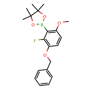 Chemical structure of 2-(3-(Benzyloxy)-2-fluoro-6-methoxyphenyl)-4,4,5,5-tetramethyl-1,3,2-dioxaborolane , AChemBlock AD275991