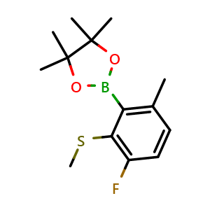 Chemical structure of 2-(3-Fluoro-6-methyl-2-(methylthio)phenyl)-4,4,5,5-tetramethyl-1,3,2-dioxaborolane , AChemBlock AD276032