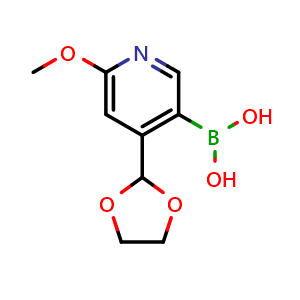Chemical structure of (4-(1,3-Dioxolan-2-yl)-6-methoxypyridin-3-yl)boronic acid , AChemBlock AD276072