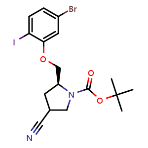 Chemical structure of tert-Butyl (2S)-2-((5-bromo-2-iodophenoxy)methyl)-4-cyanopyrrolidine-1-carboxylate , AChemBlock AD276095